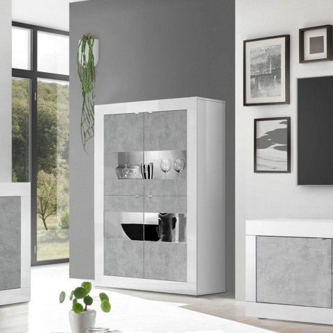 Witryna salonowa 4-drzwiowa nowoczesna biało-połyskowa z cementowymi wstawami Tina BC Basic. Promocja