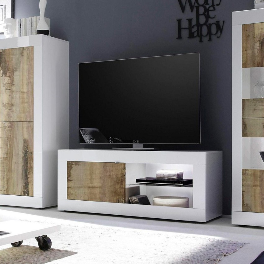 Mobilny stojak pod TV do salonu w białym połysku ze drewna Diver BW Basic Promocja