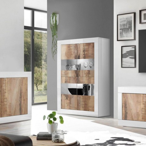 Biała szklana i drewniana szafa wnękowa do pokoju dziennego Tina BW Basic z 4 drzwiami Promocja