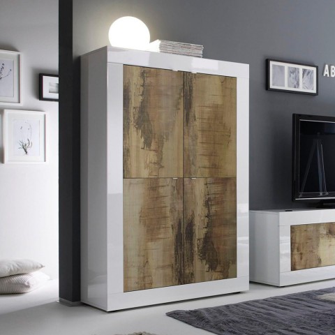 Komoda Novia BW Basic, 4-drzwiowa, do salonu, biały połysk i drewno Promocja