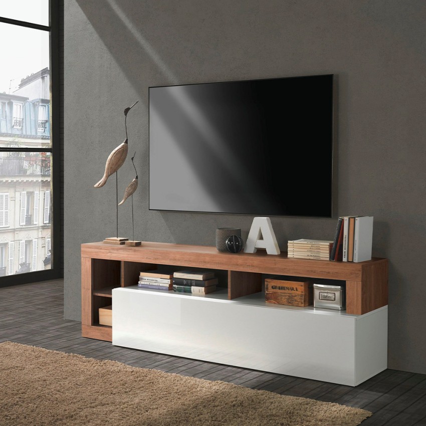 Mobilna szafka TV do nowoczesnego salonu z drewna w błyszczącej bieli Dorian MR Promocja