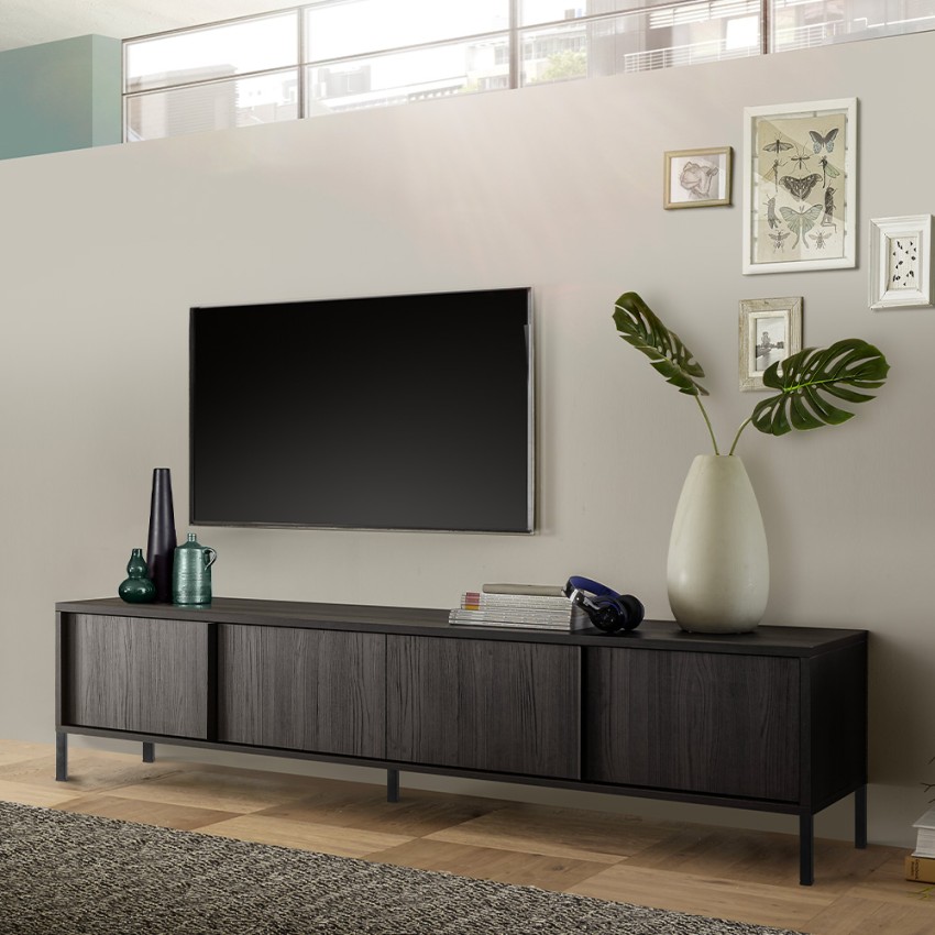 Nowoczesna szafka RTV do salonu, 4 drzwiczki, czarna Montgomery Steel Promocja Nowoczesna szafka RTV do salonu, 4 drzwiczki, czarna Montgomery Steel Promocja