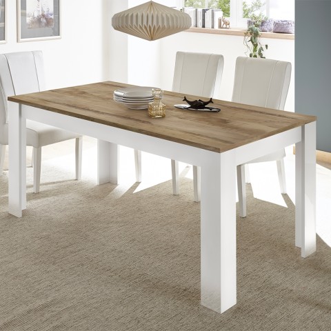 Nowy, nowoczesny stół kuchenny do jadalni Echo Basic o wymiarach 180x90 cm, z błyszczącą, białą powierzchnią i drewnianymi eleme