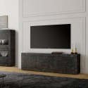 Nowożytna mobilna szafka TV na kółkach w kolorze czarnym z efektem marmuru, z dwoma drzwiami i dwoma szufladami, Visio MB Sprzed
