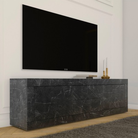 Nowożytna mobilna szafka TV na kółkach w kolorze czarnym z efektem marmuru, z dwoma drzwiami i dwoma szufladami, Visio MB Promoc