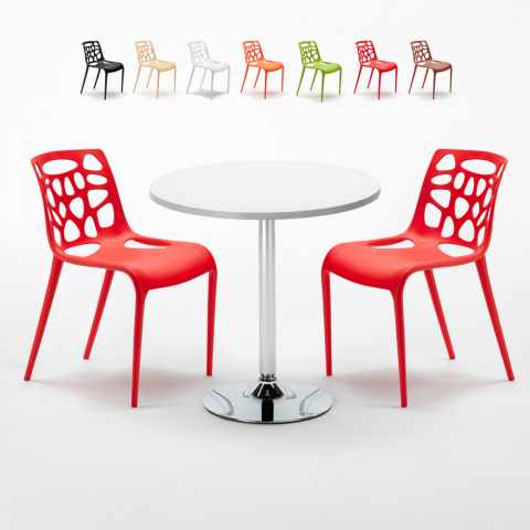 Biały okrągły stolik 70x70 cm z 2 kolorowymi krzesłami Gelateria Long Island