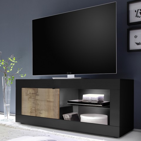 Mobilny nowoczesny przemysłowy stojak telewizyjny w kolorze czarnym z drewnianymi elementami o długości 140cm - Diver NP Basic P