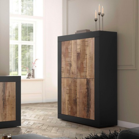 Komoda w stylu industrialnym 4-drzwiowa czarny mat i drewno Novia NP Basic Promocja