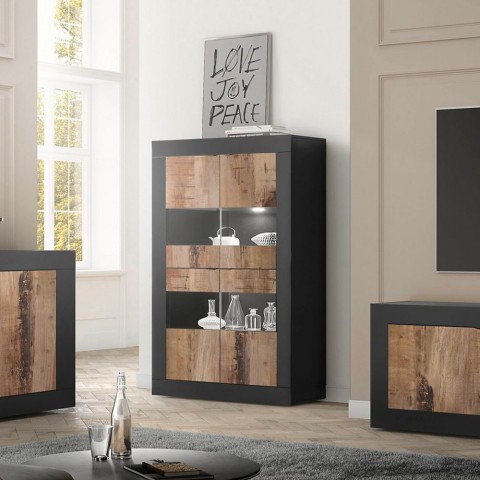 Witryna do salonu z 4 czarnymi szklanymi drzwiami i industrialnym drewnem Tina NP Basic Promocja