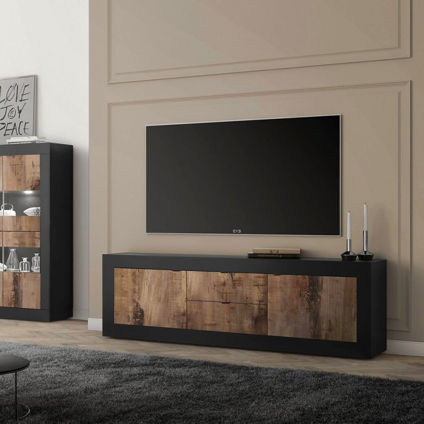 Stolik pod telewizor industrialny 210 cm 2 drzwi 2 szuflady czarne drewno Visio NP Promocja Stolik pod telewizor industrialny 210 cm 2 drzwi 2 szuflady czarne drewno Visio NP Promocja