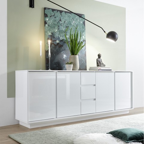 Nowoczesna komoda 210cm, 4 drzwi, 3 szuflady, biały połysk Maine Ice Promocja