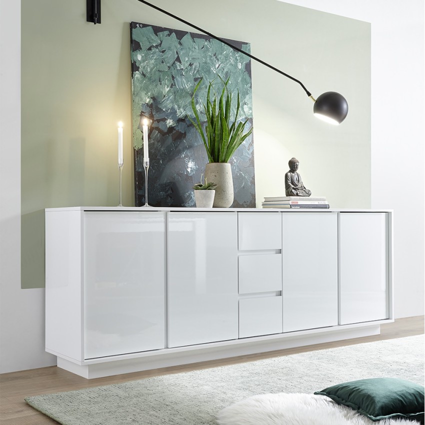 Nowoczesna komoda 210cm, 4 drzwi, 3 szuflady, biały połysk Maine Ice Promocja Nowoczesna komoda 210cm, 4 drzwi, 3 szuflady, biały połysk Maine Ice Promocja