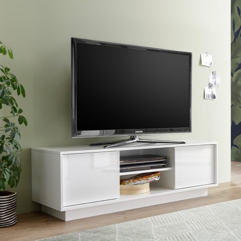 Nowoczesna biała szafka RTV wysoki połysk 138 cm 2 drzwi Dener Ice Promocja