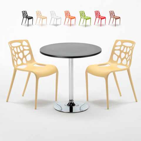 Czarny okrągły stolik 70x70 cm z 2 kolorowymi krzesłami Gelateria Cosmopolitan