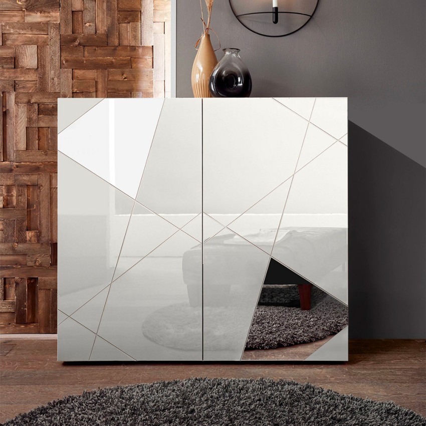 Biała szafka do salonu 2-drzwiowa, wzór geometryczny, styl Vittoria Glam WH. Promocja