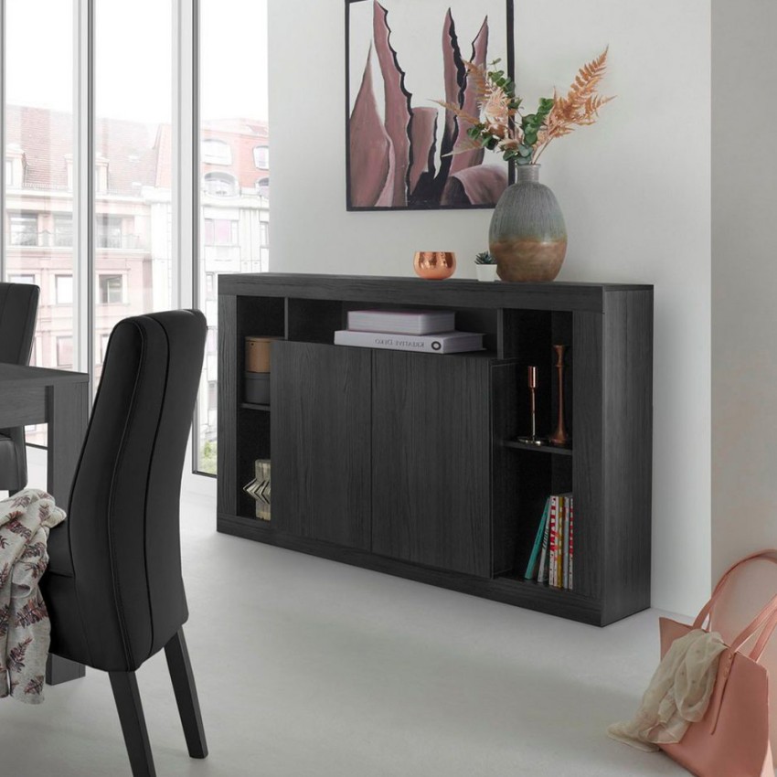 Czarna komoda do salonu z drewna, 134 cm, nowoczesny design, 2 drzwi Lema NR Promocja