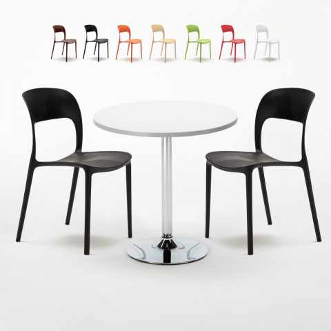 Biały okrągły stolik 70x70 cm z 2 kolorowymi krzesłami Restaurant Long Island Promocja