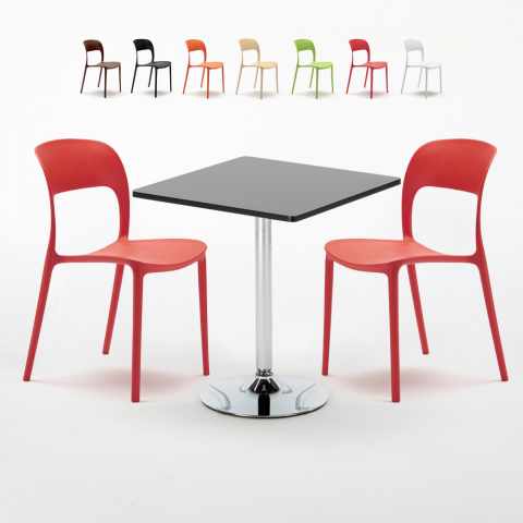 Czarny kwadratowy stolik 70x70 cm z 2 kolorowymi krzesłami Restaurant Mojito