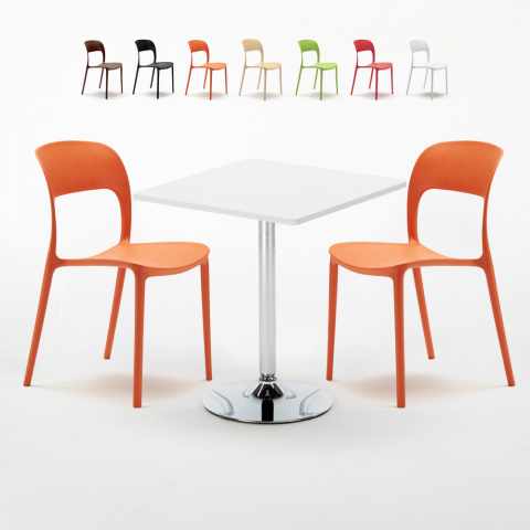 Biały kwadratowy stolik 70x70 cm z 2 kolorowymi krzesłami Restaurant Cocktail