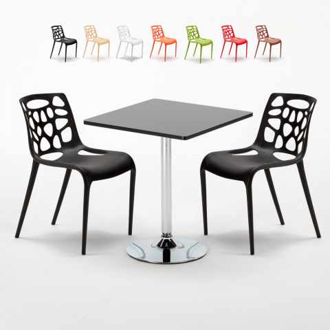 Czarny kwadratowy stolik 70x70 cm z 2 kolorowymi krzesłami Gelateria Mojito