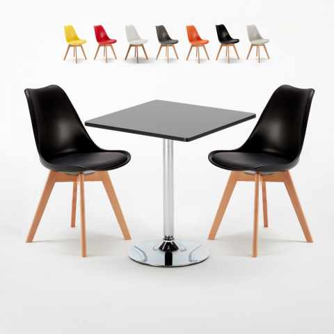 Czarny kwadratowy stolik 70x70 cm z 2 kolorowymi krzesłami Nordica Mojito