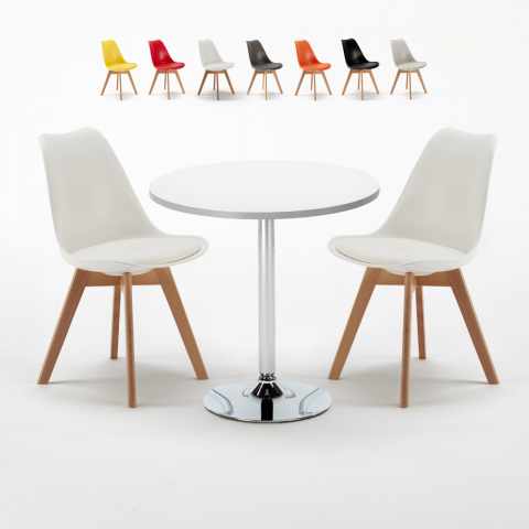 Biały okrągły stolik 70x70 cm z 2 kolorowymi krzesłami Nordica Long Island