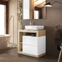 Współczesna mobilna szafka łazienkowa stojąca z 2 szufladami, biały drewniany blat i umywalką Jarad BW. Katalog