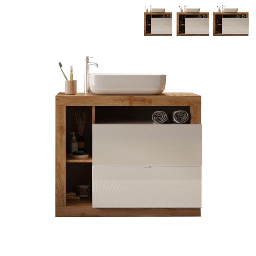 Współczesna mobilna szafka łazienkowa stojąca z 2 szufladami, biały drewniany blat i umywalką Jarad BW. Oferta