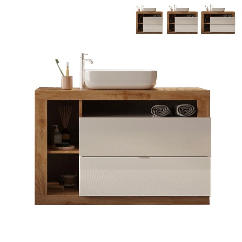 Współczesna mobilna szafka łazienkowa stojąca z 2 szufladami, biały drewniany blat i umywalką Jarad BW. Promocja