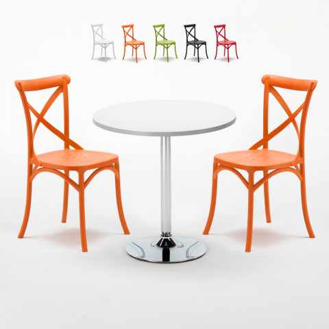 Biały okrągły stolik 70x70 cm z 2 kolorowymi krzesłami Vintage Long Island