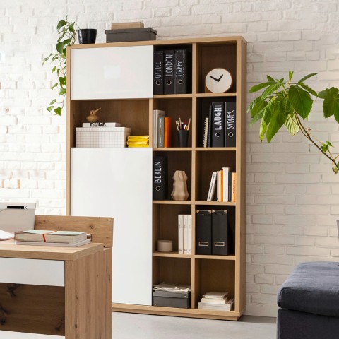 Nowa, nowoczesna biblioteczka do salonu z drewnianymi frontami z dębu i dwiema błyszczącymi białymi szufladami - Sharon Promocja
