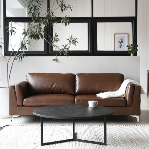 Sofa 3-osobowa tapicerowana skórą ekologiczną w kolorze brązowym w stylu przemysłowym vintage Corneel Promocja