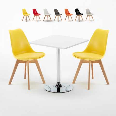 Biały kwadratowy stolik 70x70 cm z 2 kolorowymi krzesłami Nordica Cocktail