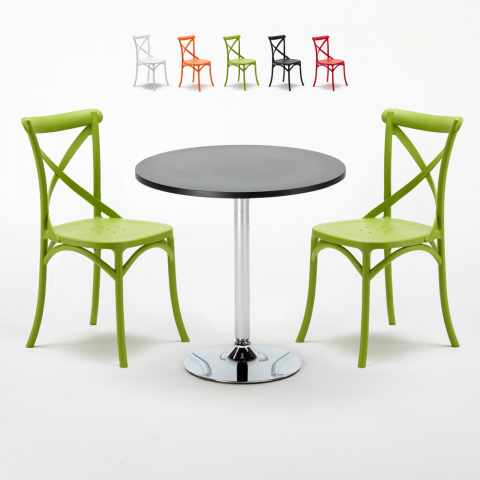 Czarny okrągły stolik 70x70 cm z 2 kolorowymi krzesłami Vintage Cosmopolitan Promocja