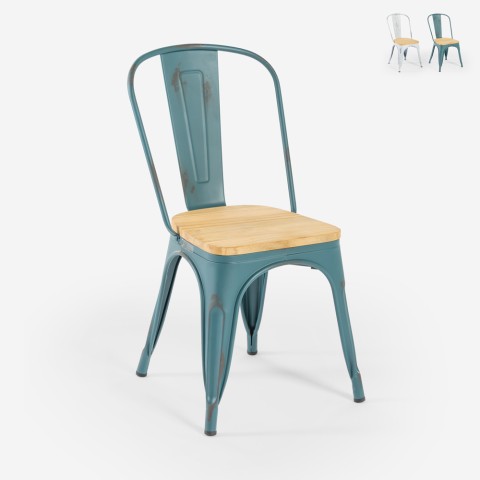 Krzesło przemysłowe z metalu, vintage, z lite drewno na wierzchu - Steel Old Wood Top Light. Promocja