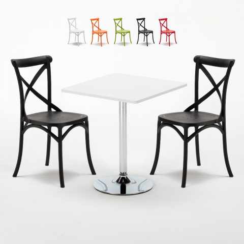 Biały kwadratowy stolik 70x70 cm z 2 kolorowymi krzesłami Vintage Cocktail Promocja