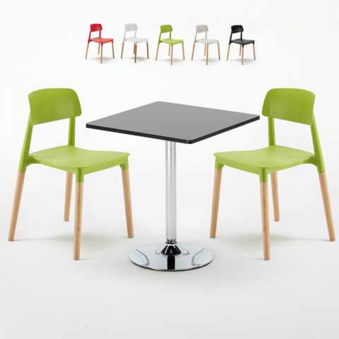 Czarny kwadratowy stolik 70x70 cm z 2 kolorowymi krzesłami Barcellona Mojito
