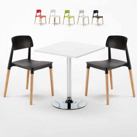 Biały kwadratowy stolik 70x70 cm z 2 kolorowymi krzesłami Barcellona Cocktail