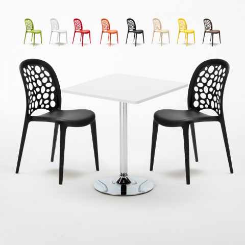 Biały kwadratowy stolik 70x70 cm z 2 kolorowymi krzesłami Wedding Cocktail