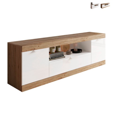 Mobilna szafka RTV drewno białe wysoki połysk 2 drzwi 1 szuflada 181x42cm Terrell Promocja