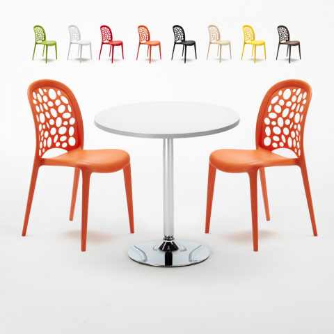 Biały okrągły stolik 70x70 cm z 2 kolorowymi krzesłami WEDDING Long Island