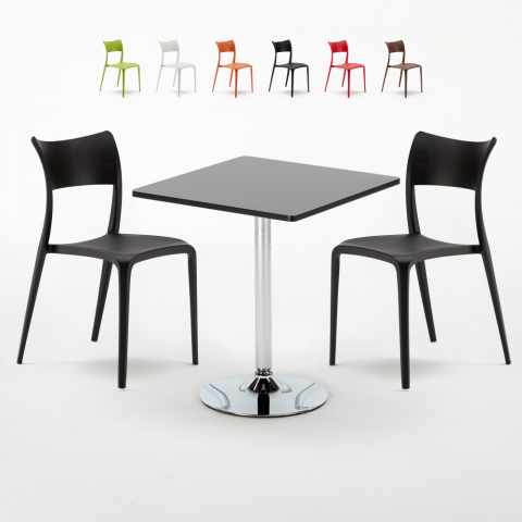 Czarny kwadratowy stolik 70x70 cm z 2 kolorowymi krzesłami Parisienne Mojito