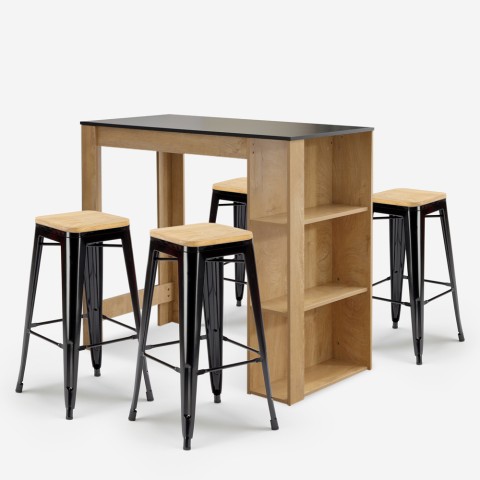 Ustawienie wysokiego stołu z drewna 120x60cm i 4 czarnych stołków barowych tolix Syracuse. Promocja