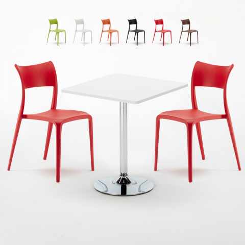 Biały kwadratowy stolik 70x70 cm z 2 kolorowymi krzesłami Parisienne Cocktail