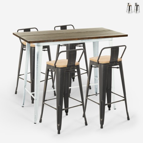 Zestaw biały wysoki bar stołowy z 4 taboretami metalowymi Tolix, oparcie Belcourt Promocja