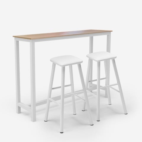Zestaw 2 białych stołków barowych wysoki stół 140x40 drewno metal Quincy Promocja