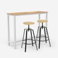 Zestaw wysokiego stołu drewnianego o wymiarach 140x40cm, białego koloru, z 2 obrotowymi stołkami barowymi Creswell. Promocja
