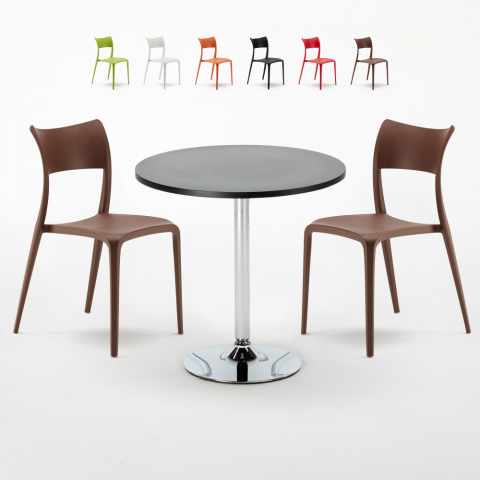 Czarny okrągły stolik 70x70 cm z 2 kolorowymi krzesłami Parisienne Cosmopolitan