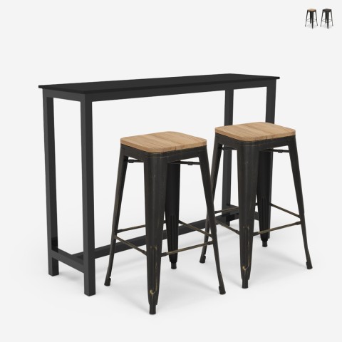 zestaw wysoki stół kuchenny 2 taborety barowe drewno metal czarne seymour Promocja