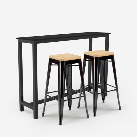 Ustawienie wysokiego stołu barowego kuchennego z 2 krzesłami tolix, industrialne, czarne, drewniane, Knott Promocja